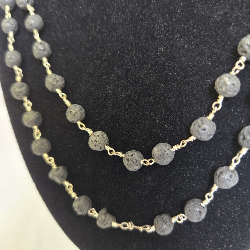Gray Lava Bead Single Strand Necklace, Silver Tone 19.5" Chain - Picture 2 of 5